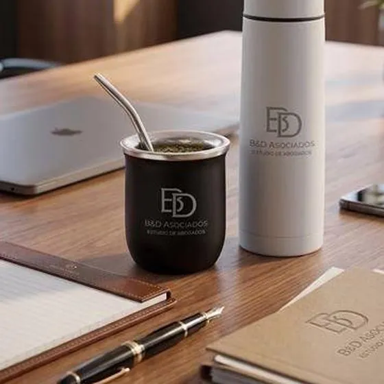 Mate de acero con bombilla personalizado para B&D Abogados